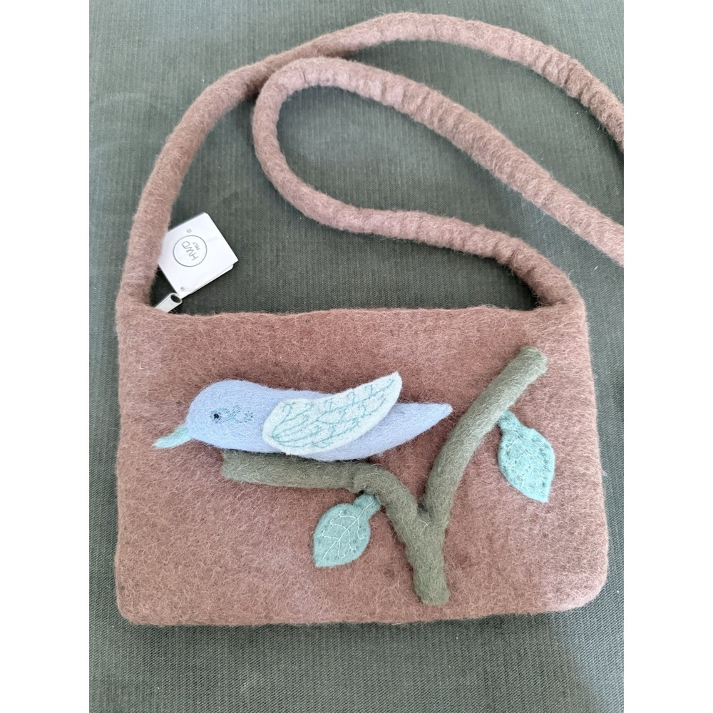 Felt Wool Purse HWD Crossbody Shoulder Bag Bird Whimsy Boho Nature Floral Brown